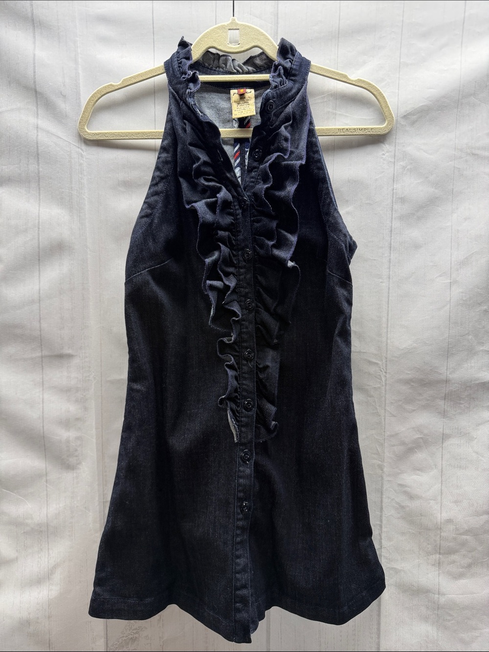 7 For All Mankind Dark Blue Denim Ruffle Button Front Sleeveless Jean Dress